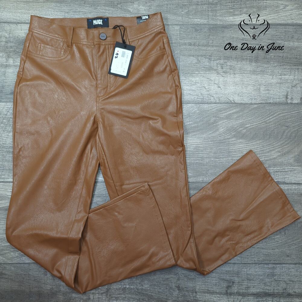 Paige Claudine Ankle Flare Faux Leather Pants Cognac Brown NWT Size 26 (2)